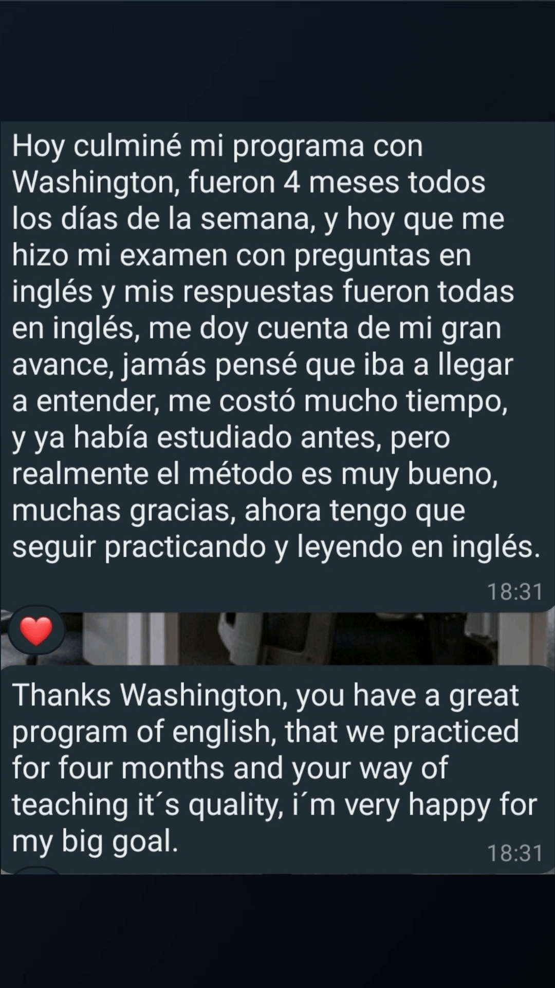 Captura de WhatsApp: estudiante cuenta que culminó su programa de 4 meses y respondió todo su examen en inglés