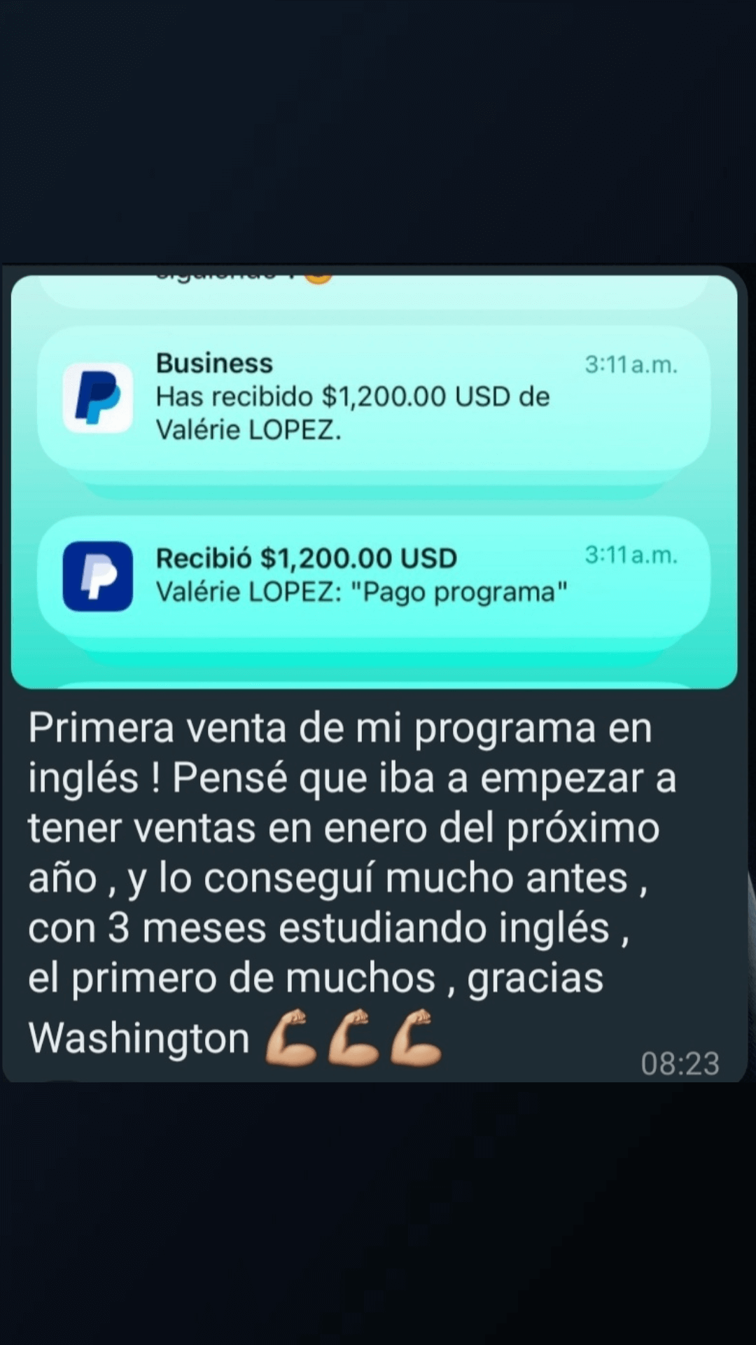 Captura de WhatsApp: estudiante cuenta que cerró su primera venta en inglés a los 3 meses de estudiar